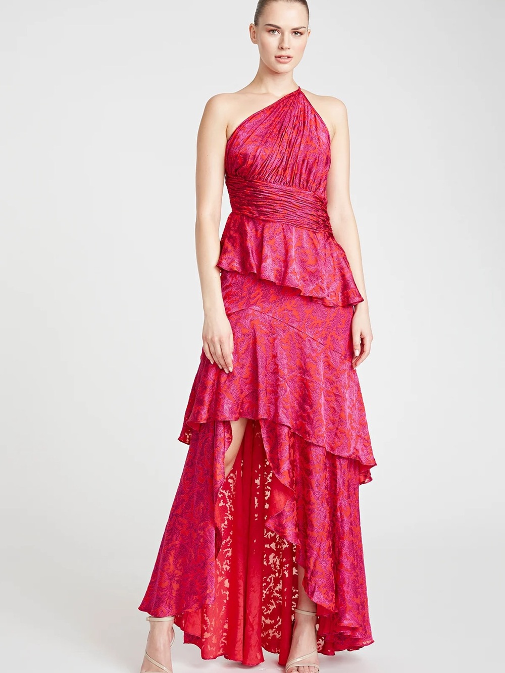 Theia One-Shoulder Pink Tiered Ruffle Hem Evening Gown